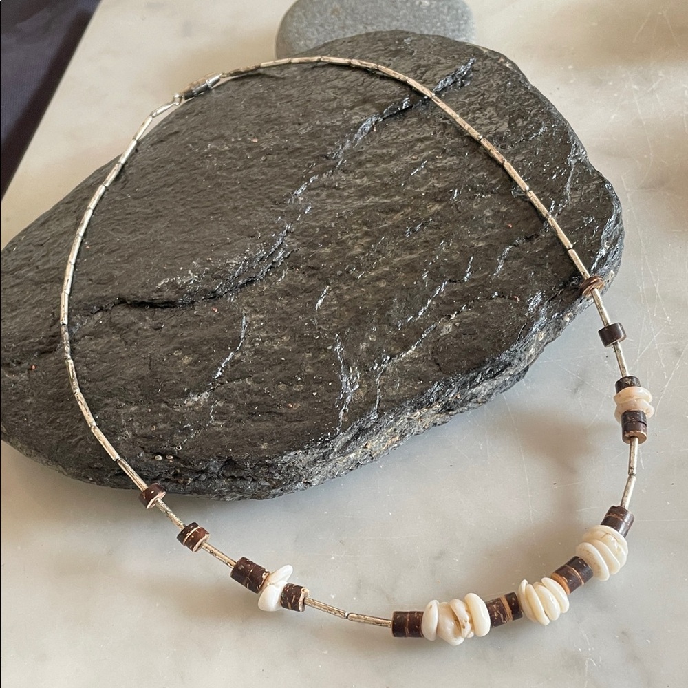 Liquid Silver Choker Necklace Pukka Shells and Heishi Beads Vintage